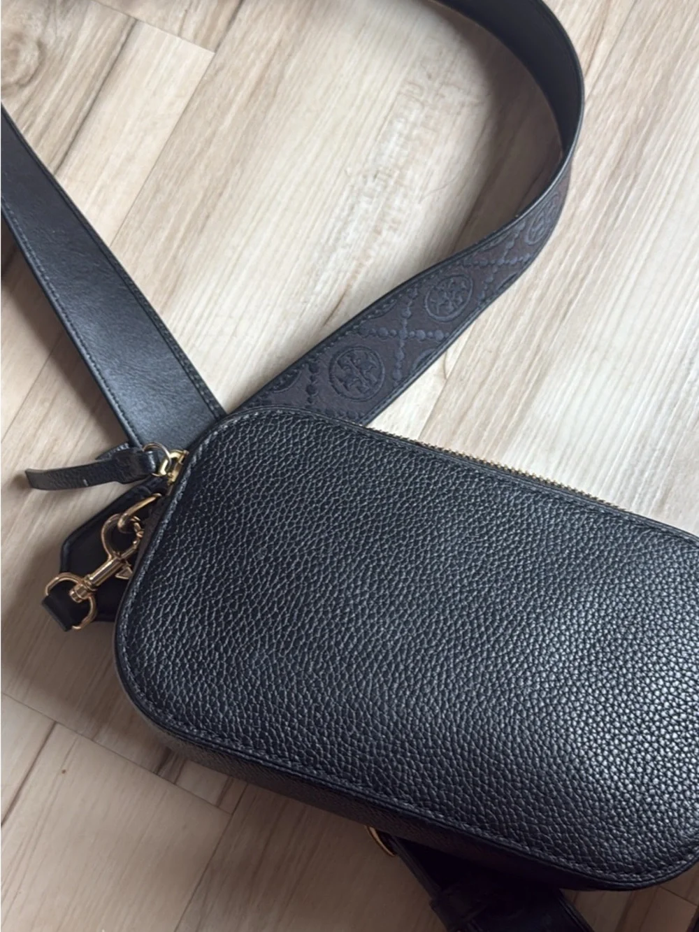 Tory Burch Black Pebbled Leather Logo Crossbody Bag